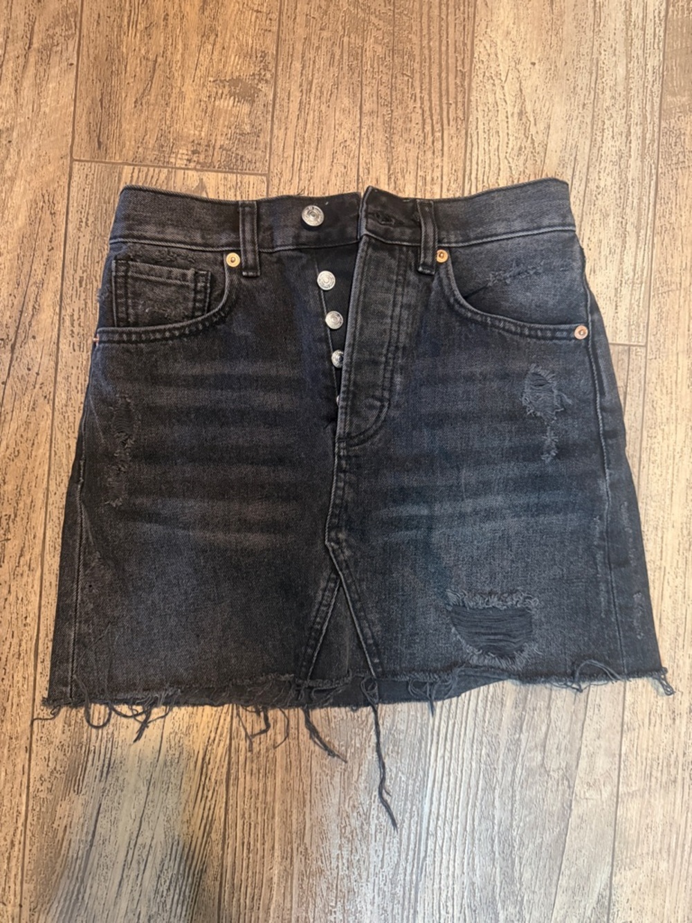 Classic Black Distressed Denim Mini Skirt with Button Front
